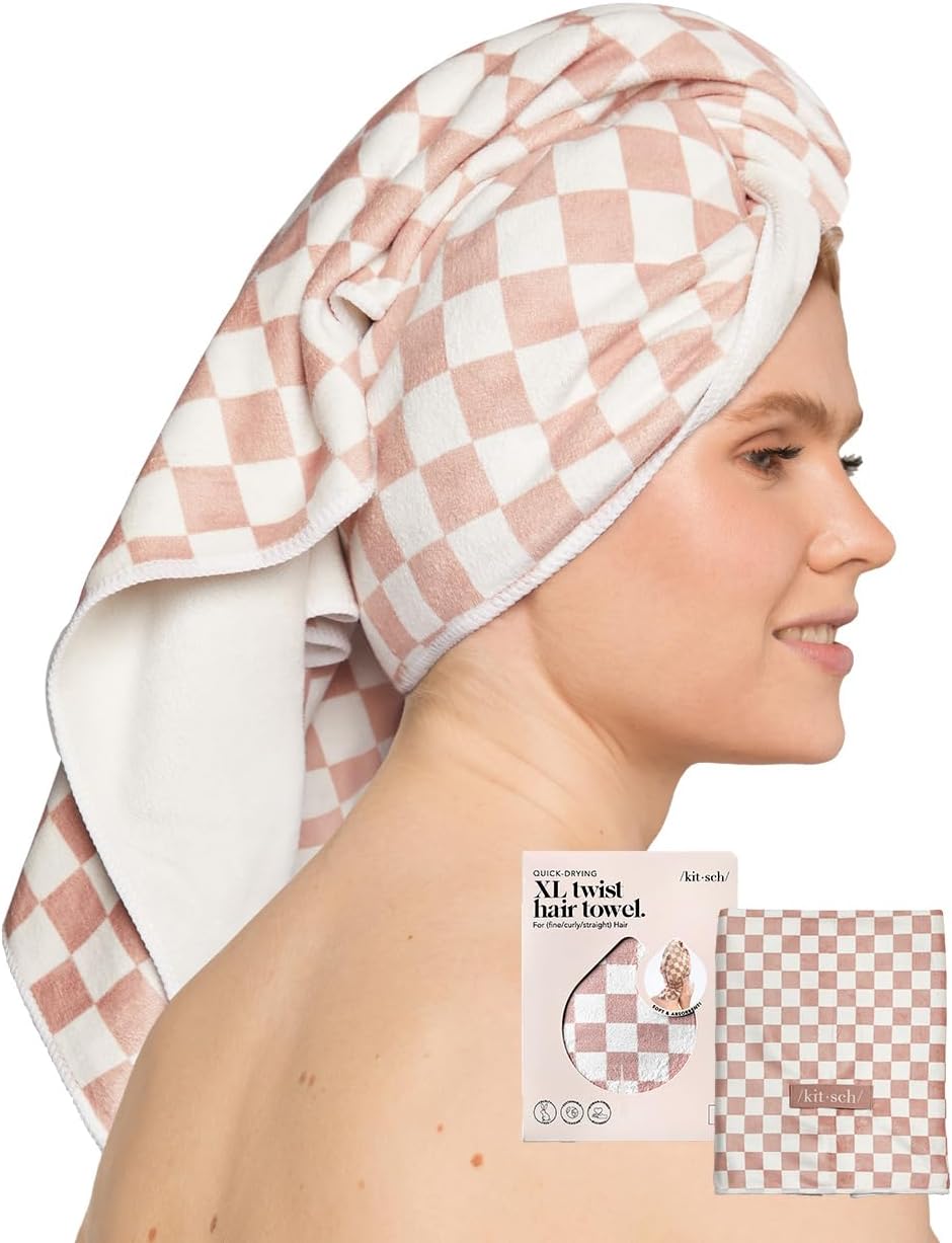 Kitsch XL Microfiber Hair Towel Wrap for Women - Microfiber Towel, Super Absorbent, Quick Dry, Anti-Frizz - for Long & Short Hairs, Turbans for Women - Terracotta Checker