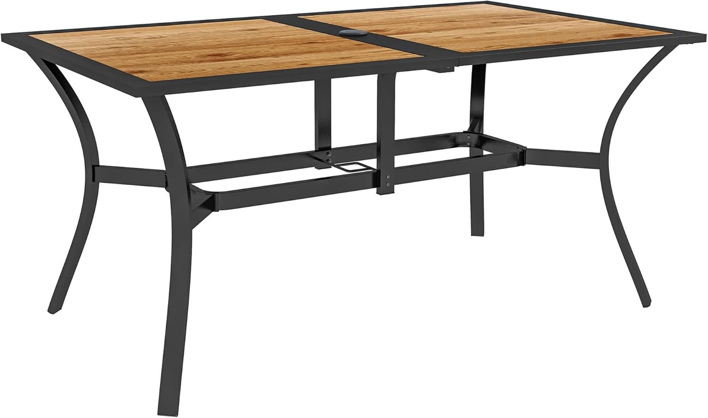 Outsunny Outdoor Dining Table with Umbrella Hole, Rectangular Patio Dining Table for 6 with Steel Frame and Wood-Like Plastic Top for Garden, Balcony, Brown