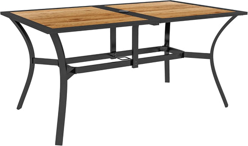 Outsunny Outdoor Dining Table with Umbrella Hole, Rectangular Patio Dining Table for 6 with Steel Frame and Wood-Like Plastic Top for Garden, Balcony, Brown