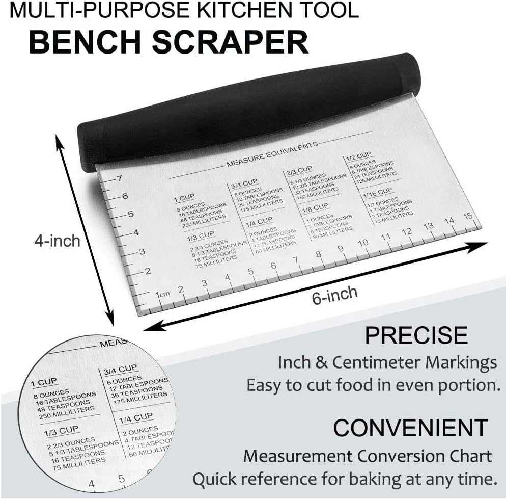 Bench Scraper & Chopper, Aufondof Metal Dough Cutter Pastry Scraper for Cake Pizza Bread, Multi-Purpose Kitchen Gadgets for Baking Cooking, Rubber Grip & Measuring Markings