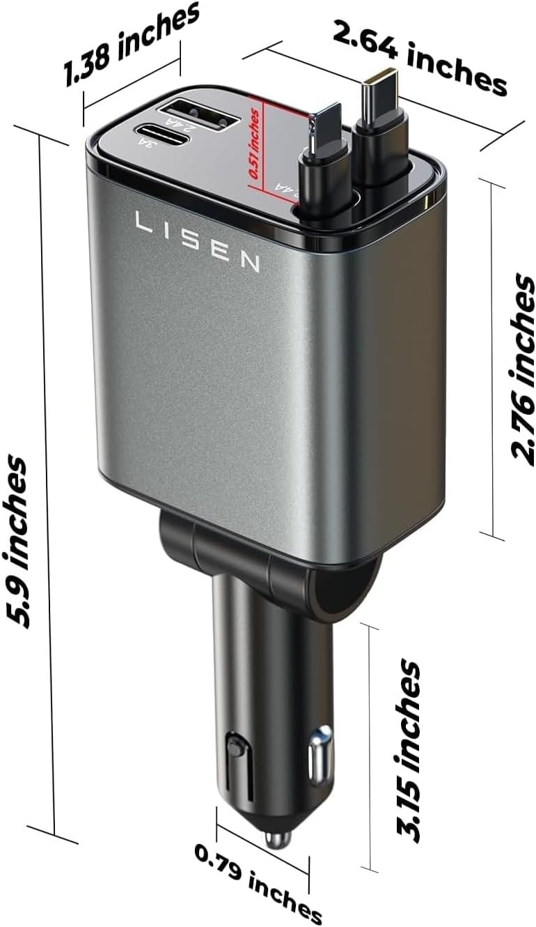 LISEN 69W Retractable Car Charger 4 in 1 USB C Fast Car Phone Charger, Fathers Day for Gifts, Car Accessories Interior Travel Road Gifts for Women Men Trip Essentials for Kids (Black)