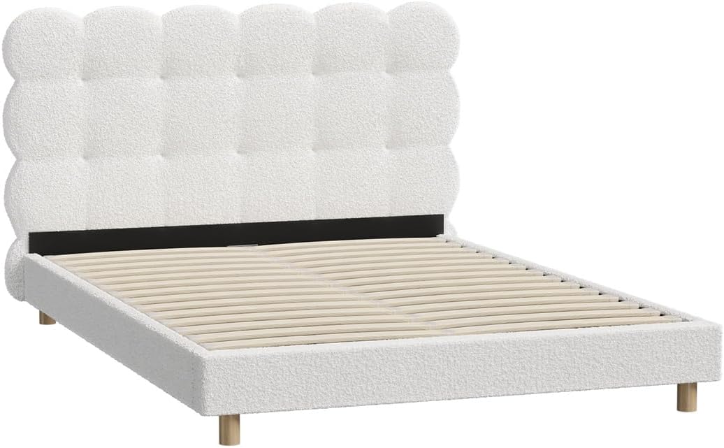 Oikiture Double Bed Frame Boucle Mattress Platform Bed Base White