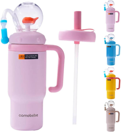 Fountain Tumbler Whale Fountain Tumbler with Handle Topper Squirts Water Bottle 24oz Stainless Steel, Two Lids, Spill-Proof,Silicone Straw,Dishwasher Safe,Portable Water Bottle for Kids, Teens,Adults