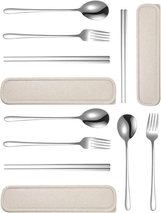 3 Set Portable Cutlery Set with Case Include Fork Spoon Chopsticks, Portable Travel Utensil Set, Reusable Stainless Steel Camping Utensils Set, Lunch Cutlery Set for Work School (Silver)