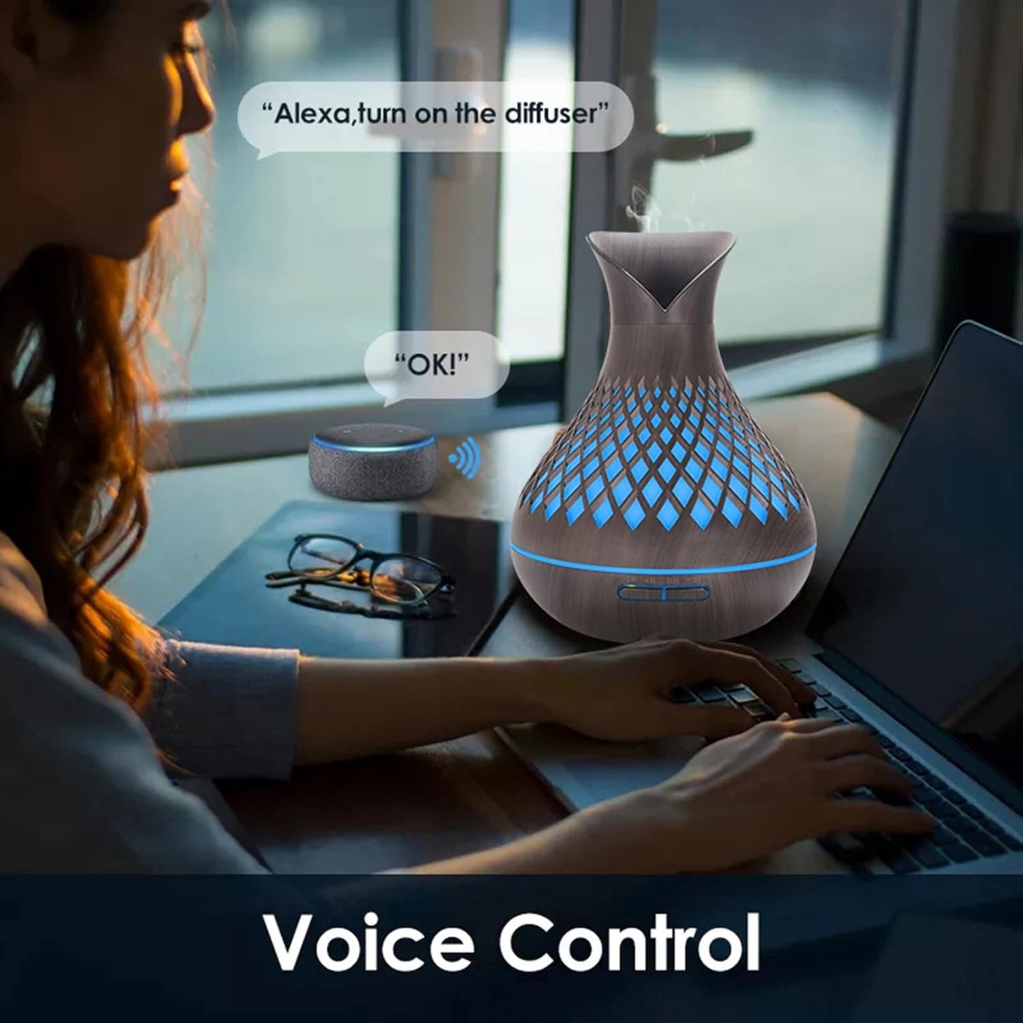 SAIHGUUI Smart WIFI Essential Oil Diffuser, 500ml Aromatherapy Diffuser Humidifier for Large Room, Works with Phone App & Alexa Google Home Voice Control, 7 LED, Create Schedules and 4 Timer, Auto Shut-Off,Dark wood