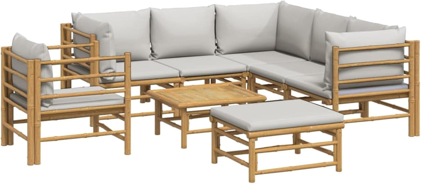 Homgoday Set Salotto da Giardino 8pz con Cuscini Grigio Chiaro bambù, Lettini Prendisole, Divano Letto Mobili, Lettini da Giardino, Lettino da Piscina da Esterno Piscina