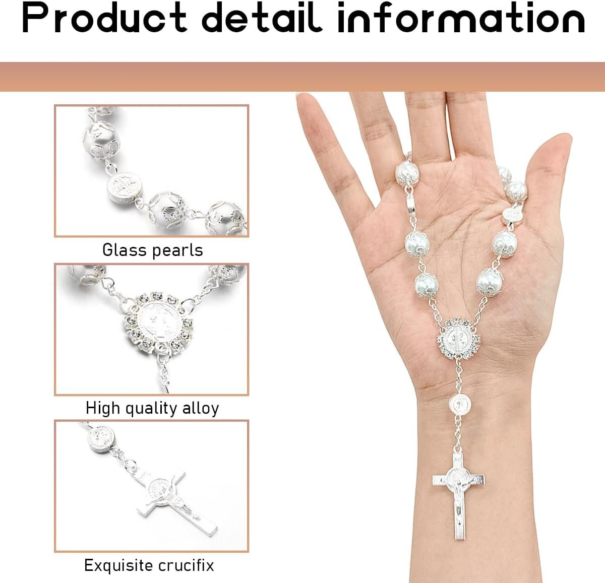 Ohleats Car Rosary for Rearview Mirror, Personalized Rear View Cross Blessing Beads Decor, Auto Rearview Catholic Rosary Hanging Pendant, Interior Men Women Car Accessories (Silver)