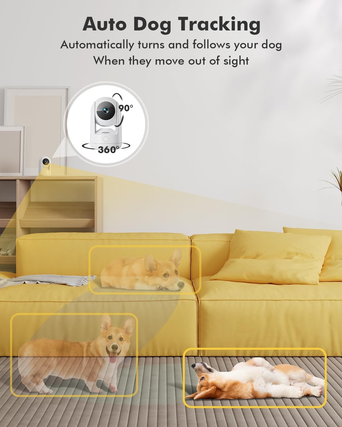 Dzees Pet Camera Indoor Security Camera No Subscription, 2K 360Â° WiFi Camera, Wired Dog Pet Camera with Phone App, MagicPix Night Vision, Calls, 2-Way Audio, 24/7, Motion Tracking, Privacy, 2.4Ghz