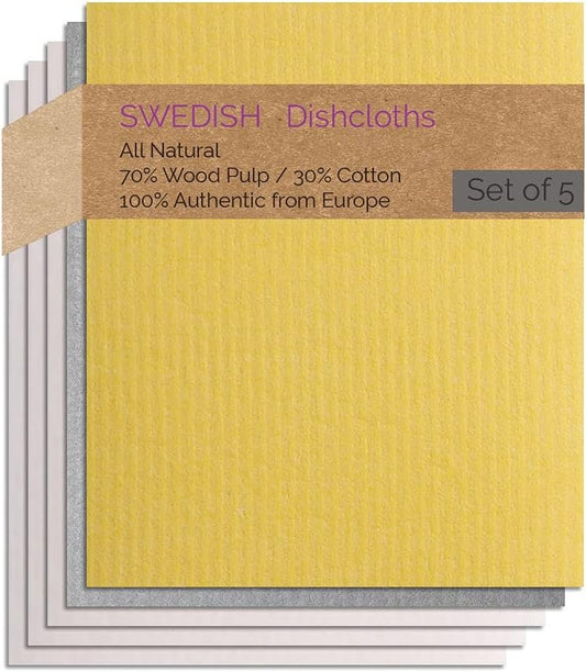 SWEDEdishcloths - Cellulose Sponge Dish Towels - Set of 5 (1 Gray, 1 Yellow, 1 Natural) Swedish Dish Cloths