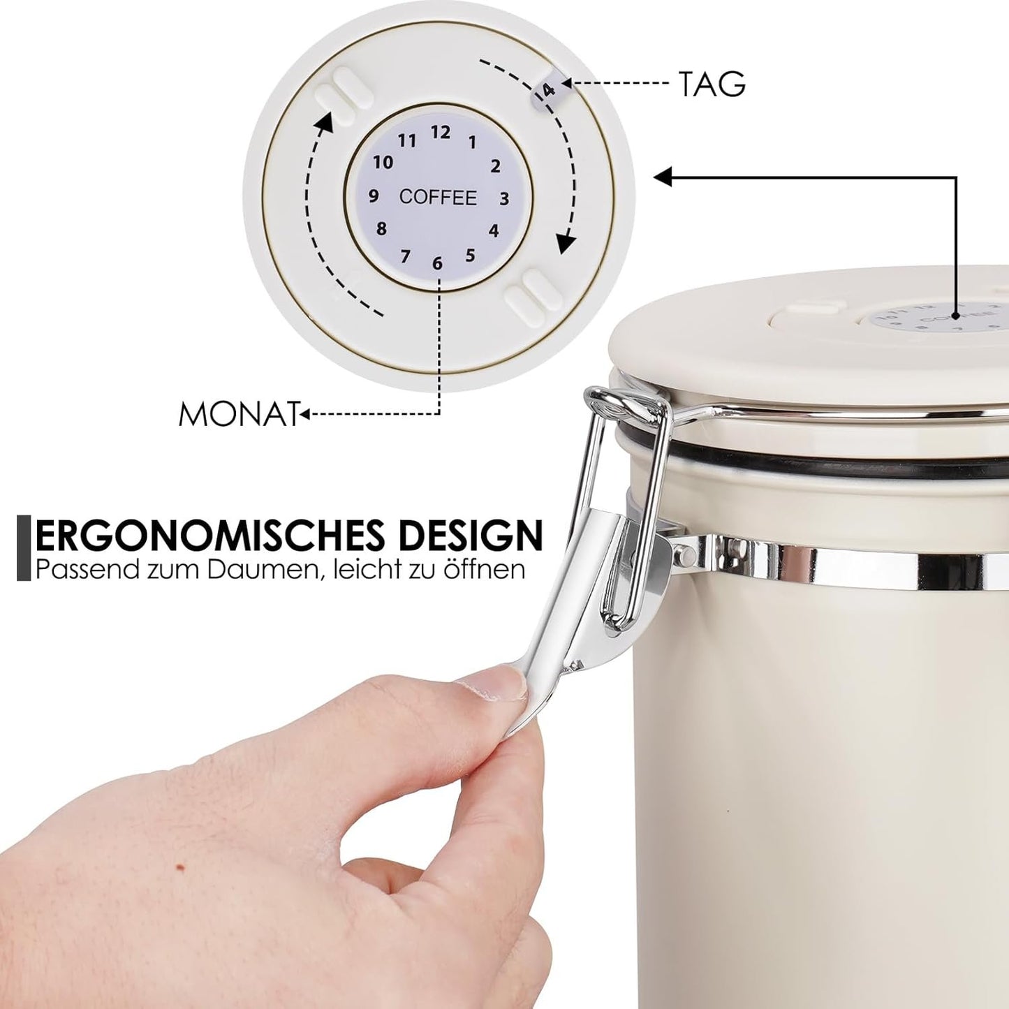 Pitmoly Airtight Coffee Canister with CO2 Valve,2.8L Food Storage Container, 32OZ Stainless Steel Coffee Storage Jar with Date Tracker and Measuring Scoop for Coffee Beans, Grounds, Sugar and Flour