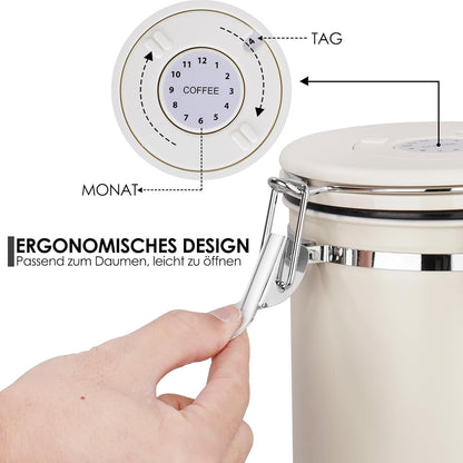 Pitmoly Airtight Coffee Canister with CO2 Valve,2.8L Food Storage Container, 32OZ Stainless Steel Coffee Storage Jar with Date Tracker and Measuring Scoop for Coffee Beans, Grounds, Sugar and Flour