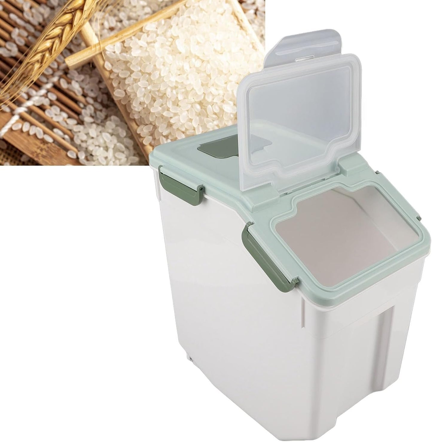 Airtight Rice Container Large Thickened PP Material Exquisite Design, Mint Green Rice Storage Container with Easy Open and Close Lid (25kg / 55.1lb)
