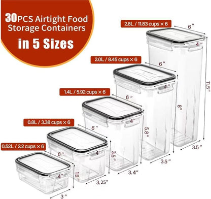 PRAKI 30 Pack Airtight Food Storage Containers for Kitchen Pantry Organizers and Storage, BPA-Free, Plastic Storage Canisters with Lids-Cereal, Flour and Sugar, Include 40 Labels, 6 Spoon & Marker