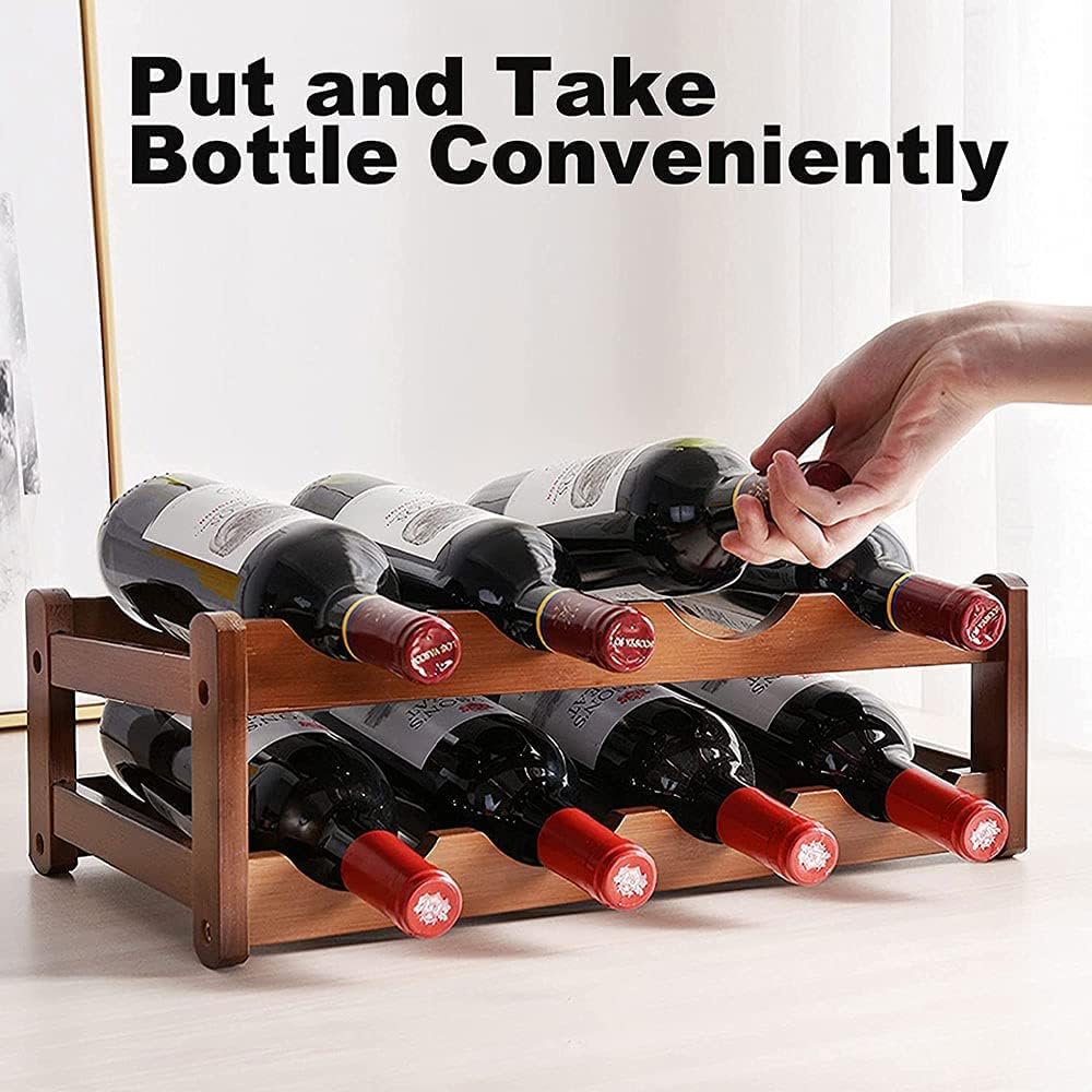 Tabletop Wine Rack Freestanding Bamboo 8 Bottle Storage Shelf Holder Organizer 2 Tier for Refrigerator Countertop Under Cabinet Kitchen Bar Dining Room Brown (2-Tier Brown)