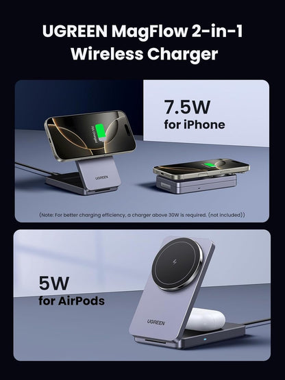 UGREEN Wireless Charger Qi 15W, MagFlow MagSafe Charger, Wireless Charging Stand, 2-in-1 Magnetic Holder Compatible with iPhone 16/15/14/13/12 Series, AirPods 4/3/2/Pro 1/2