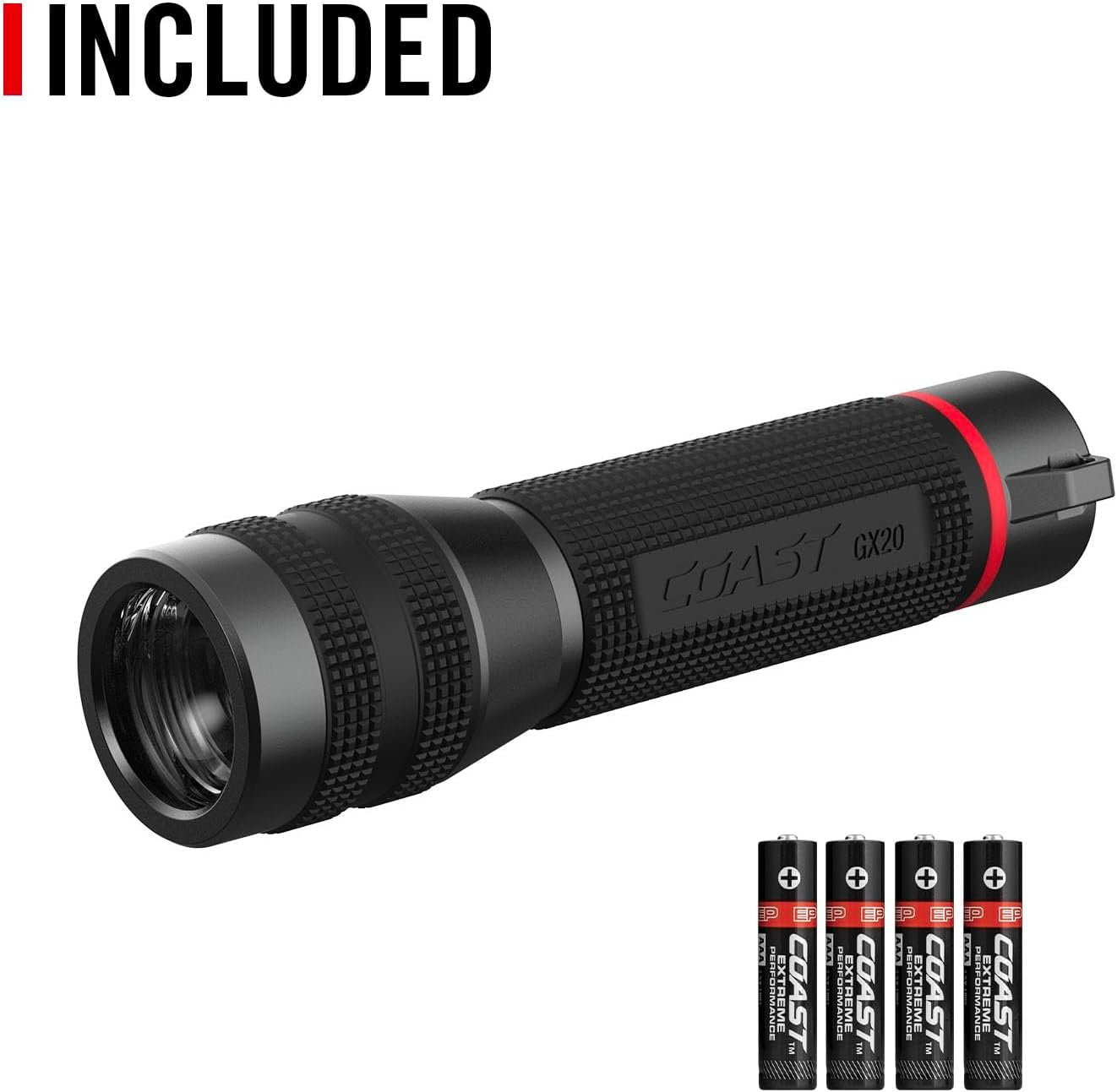 Coast GX20 1200 Lumen Waterproof Alkaline-Dual Power LED Flashlight with Twist Focus, Anti-Roll Cap and Textured Handle - Compatible with 4 x AAA Batteries (Included) or ZX750 Rechargeable Battery