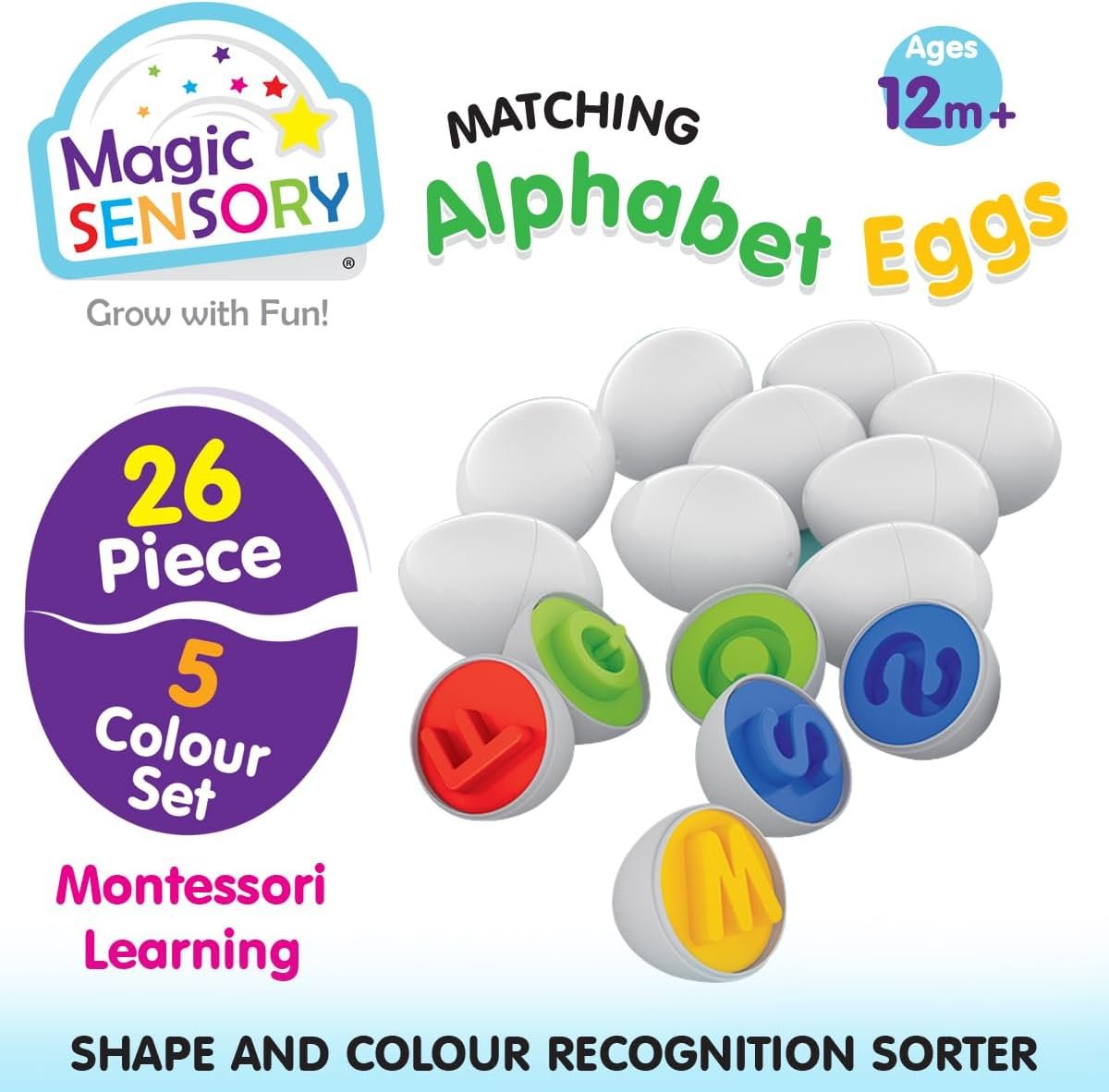 Magic Sensory Alphabet Eggs â€“ 26 Plastic Colourful Matching Egg Toy Set for Kids â€“ Montessori Sensory Learning Activity, Learn Aâ€“Z Letters and Colours â€“ Educational Toy for Toddlers Ages 1â€“3