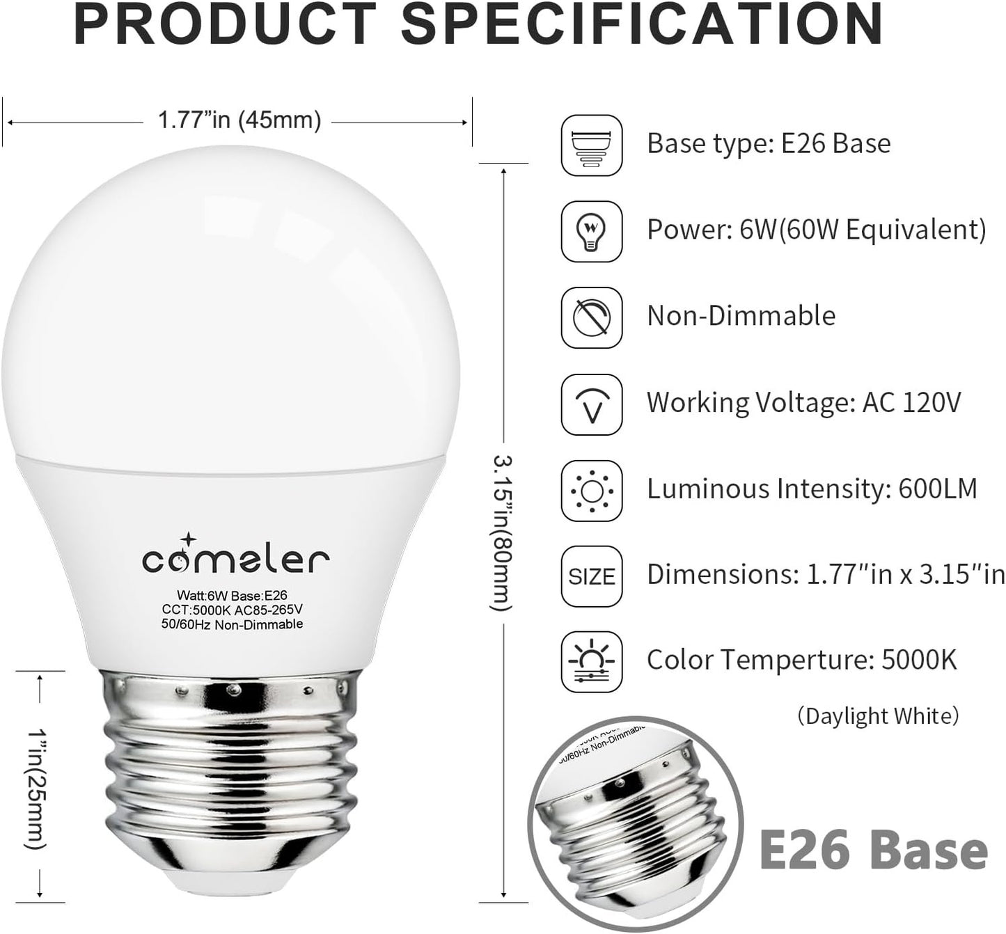 comzler 6W A15 LED Bulb Daylight 60 Watt Equivalent, E26 Medium Screw Base Small Light Bulb Cool White 5000K, Home Lighting Decorative Ceiling Fan Light Bulbs Non-Dimmable, Pack of 8