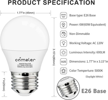 comzler 6W A15 LED Bulb Daylight 60 Watt Equivalent, E26 Medium Screw Base Small Light Bulb Cool White 5000K, Home Lighting Decorative Ceiling Fan Light Bulbs Non-Dimmable, Pack of 8