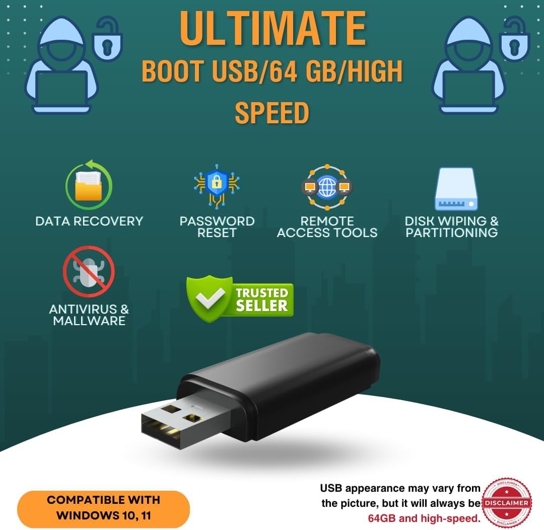 Bootable All-in-One PC Repair & Recovery 64GB USB – Windows Password Reset, File Recovery, Virus Removal, Bootable Tech Toolkit – Works with Windows 11/10/8/7 – Windows 10 & 11 Re-Install Images