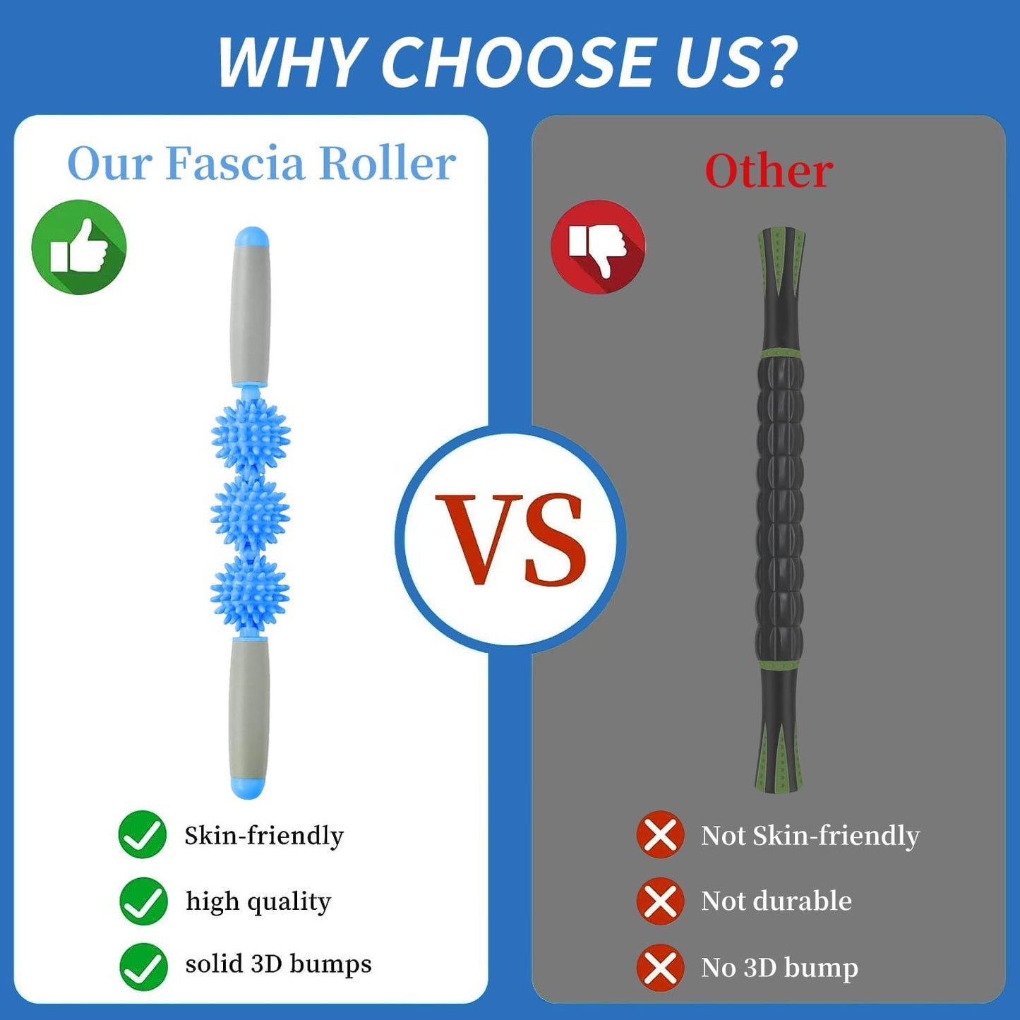 Fascia Muscle Roller, Cellulite Massager Fascia Roller for Cellulite and Sore Muscles, Neck, Leg, Back, Pressure Trigger Point Body Roller Deep Tissue Massage Stick Tools - 3 Massage Balls | Blue