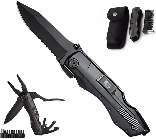 14-in-1 Folding Pocket Knife Multi-Tool – Tactical Stainless Steel Survival Knife with Saw, Pliers, Screwdriver Set – Compact EDC Tool for Camping, Hiking, Hunting, Gifts for Men
