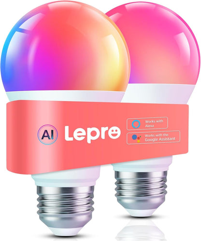 Lepro B1 AI Smart Light Bulbs - WiFi & Bluetooth RGBWW Color Changing LED Bulb Compatible with Alexa & Google Assistant, AI Generated Lighting LLM, AI Voice Control, Music Sync, 2.4GHz Only, 2 Packs