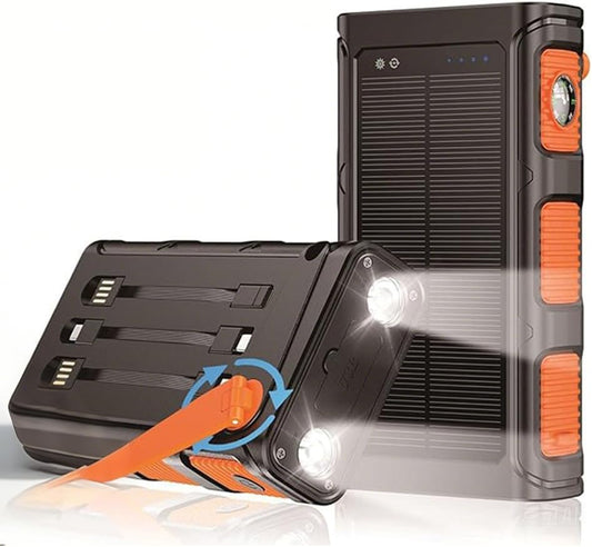 63800mAh Solar Power Bank Large Capacity Fast Charging Portable Battery Pack with USB/Type-c/Micro Dual LED Flashlights Solar Panel Built in 3 Cables Charger for Outdoor Camping Survival-Orange