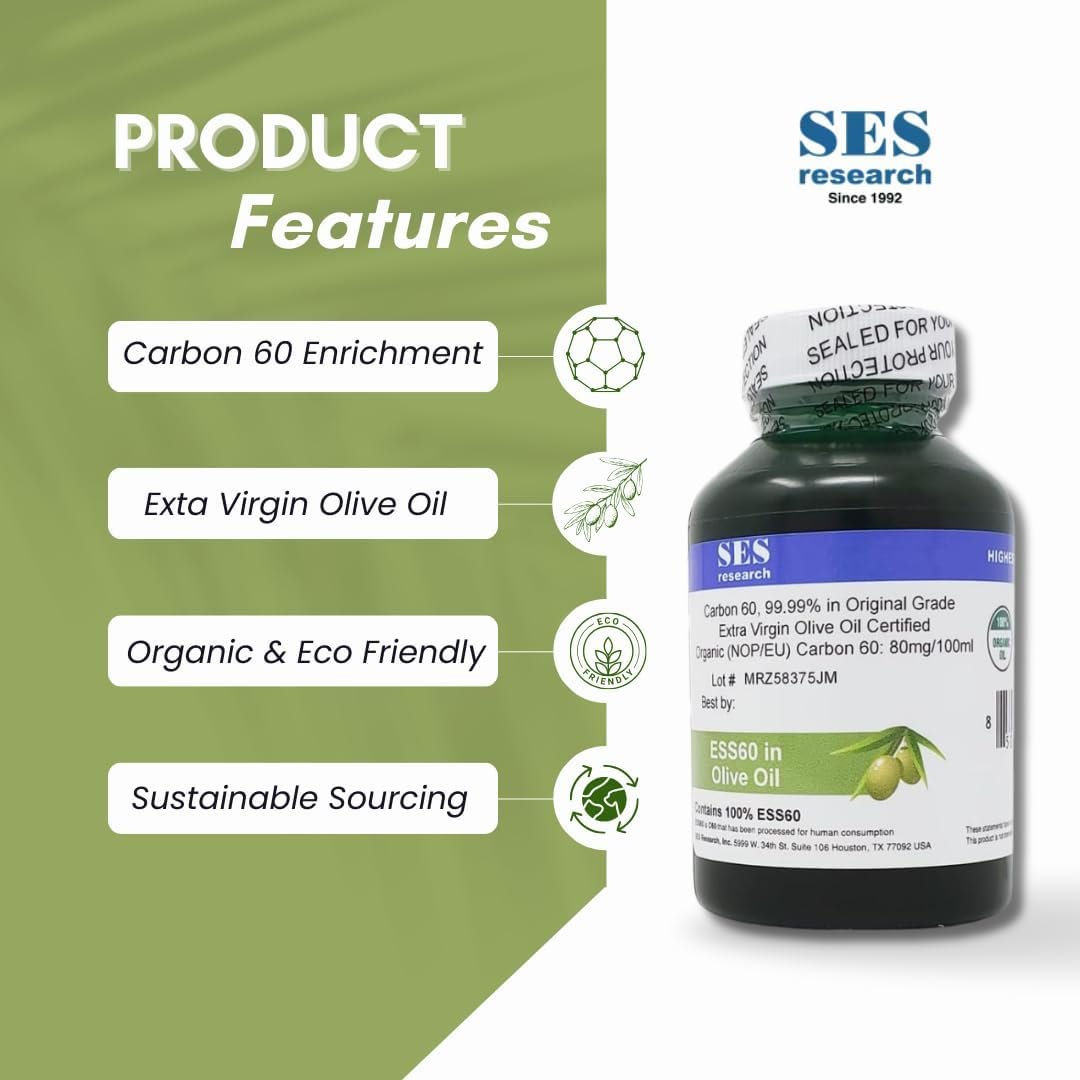 SES Research Original Grade C60, Carbon 60, 99.99% in Organic Extra Virgin Olive Oil - Highest Purity - 100 ml