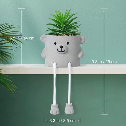 Alynsehom Artificial Potted Plant,Cute Fake Succulent Plant with Hanging Leg,Emotional Cement Faux Succulent Potted Plant Decor for Home Office Table Desk Living Room Shelves(Bear&Smile)