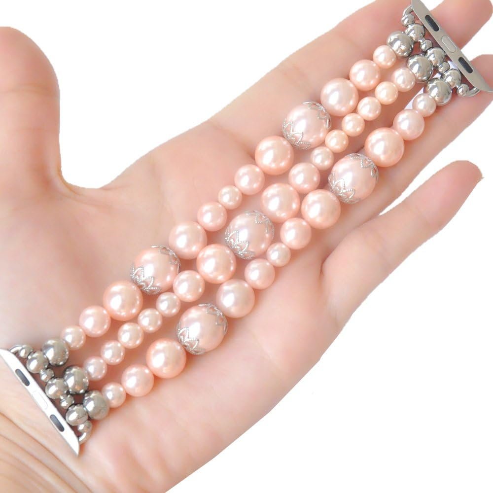 Rose Gold Pearl Smartwatch Bands 42mm of Series 3 2 1 / 44mm of Series 4 New Watch Elastic Bands Handmade Bracelet Replacement Strap Wristband Wearable Tech Pink Pearl Fashion Jewelry for Girls Women