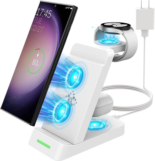 Wireless Charging Station for 3 in 1 Wireless Charger Stand for Galaxy Watch 7 Ultra/7/6/5,Charger for Galaxy S25 ultra/S24/S23/Note 20/Z Flip 6/Fold 6/4/Galaxy Buds 3/3 Pro(White)