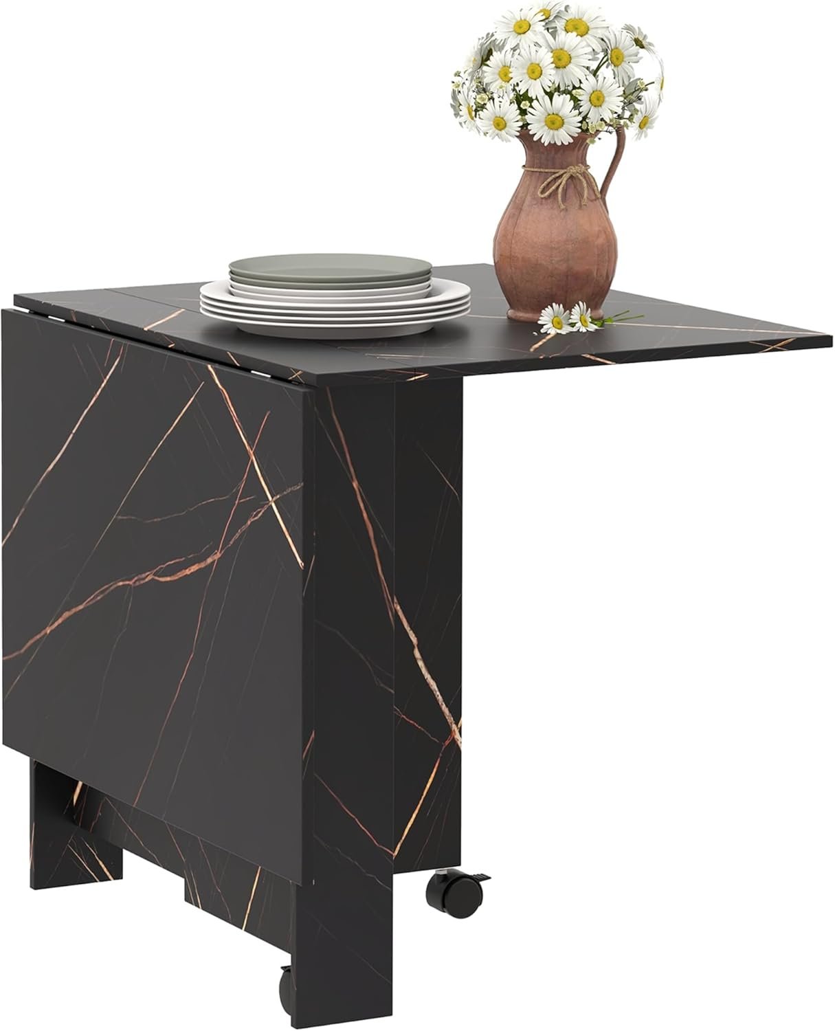 HOMCOM Foldable Dining Table, Drop Leaf Folding Side Table Console Writing Desk with 2 Wheels for Kitchen, Dining Room, Faux Marbled Black