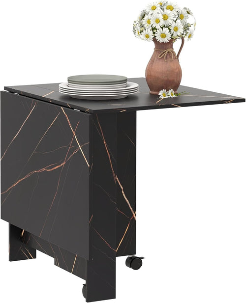 HOMCOM Foldable Dining Table, Drop Leaf Folding Side Table Console Writing Desk with 2 Wheels for Kitchen, Dining Room, Faux Marbled Black