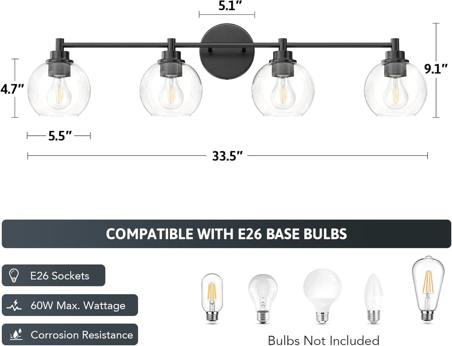 VONLUCE Bathroom Light Fixtures, 4-Light Bathroom Vanity Light with Globe Glass Shades E26 Sockets, Bathroom Lights Over Mirror for Bedroom Hallway Living Room, Black Finish