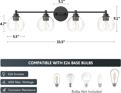 VONLUCE Bathroom Light Fixtures, 4-Light Bathroom Vanity Light with Globe Glass Shades E26 Sockets, Bathroom Lights Over Mirror for Bedroom Hallway Living Room, Black Finish