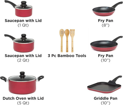 Ecolution Easy Clean Nonstick Cookware Set, Features Kitchen Essentials, Bamboo Cooking Utensils Set, Vented Glass Lids, Ergonomic Grip Handles, Made Without PFOA, Dishwasher Safe, 12-Piece, Red
