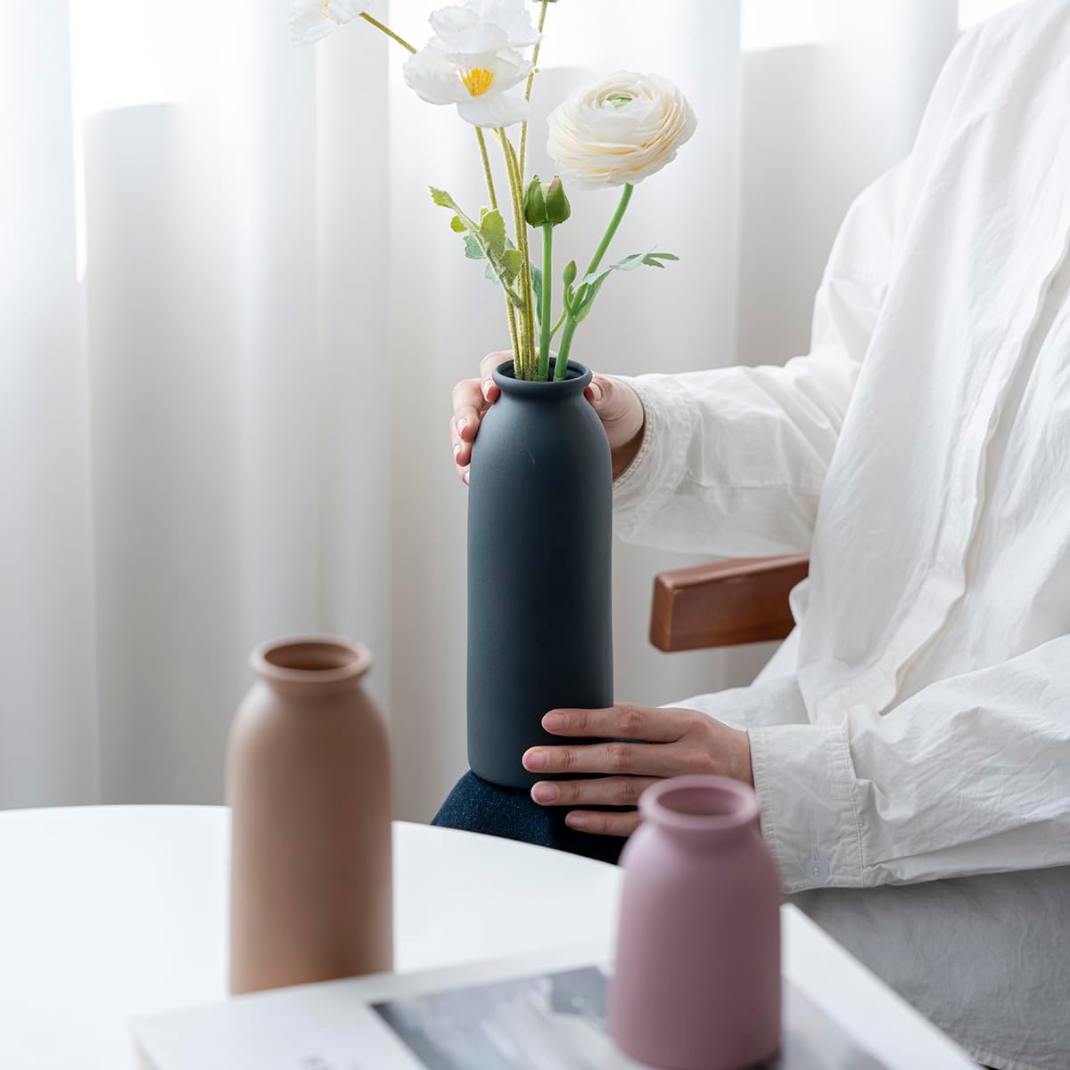10.4 inches Tall Decorative Ceramic Vase Set, 3 Pieces, Nordic Modern Boho Style, White, for Home Decor (Black Mix)