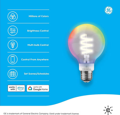 GE Cync Full Colour Direct Connect Smart Bulb (LED G25 Bulb), 60W Replacement, Bluetooth/WiFi Enabled, Works with Alexa, Google Assistant Without Hub Pack of 4