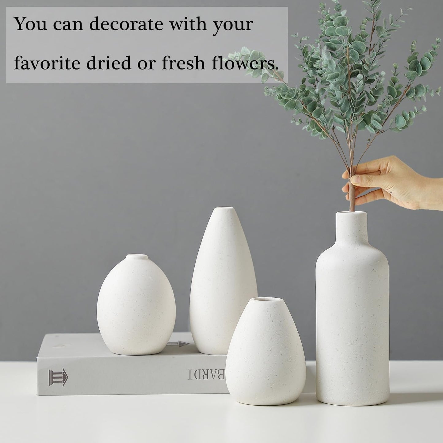 CEMABT White Ceramic Vase Set - 4 Small Vases for Flowers, Unique Flower Vases for Centerpieces, Decorative Modern Vases for Home Decor Table Entryway Bookshelf (White)