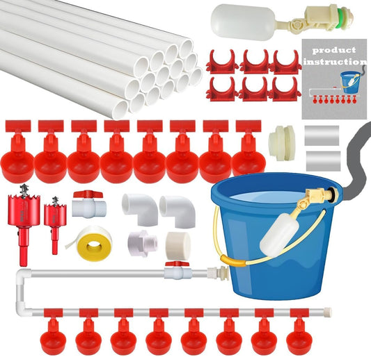 Automatic Chicken Waterer System,Complete PVC Pipelines Chicken Watering System, with Chicken Water Cups,1/2" PVC Tee Fittings & Pipe,Poultry Waterer Feeder Kit,Duck,Goose,Quail