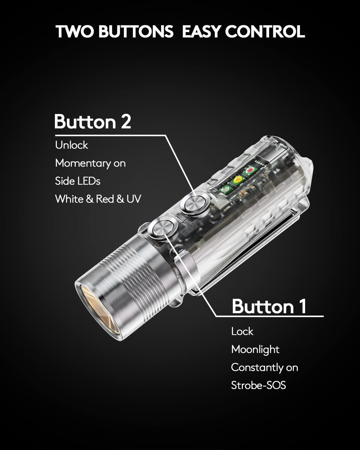 RovyVon Aurora A28 2nd USB-C EDC Flashlight, 6500K Cool White Max 1000 Lumen, 850mAh Rechargeable Small Flashlight, with Red/White/ 365nm Sidelights, Momentary On, Ideal Flashlight for Camping