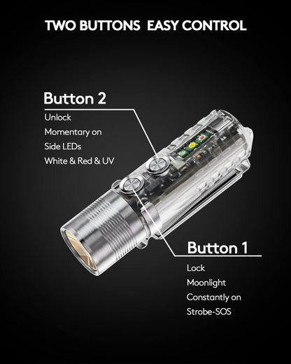 RovyVon Aurora A28 2nd USB-C EDC Flashlight, 6500K Cool White Max 1000 Lumen, 850mAh Rechargeable Small Flashlight, with Red/White/ 365nm Sidelights, Momentary On, Ideal Flashlight for Camping