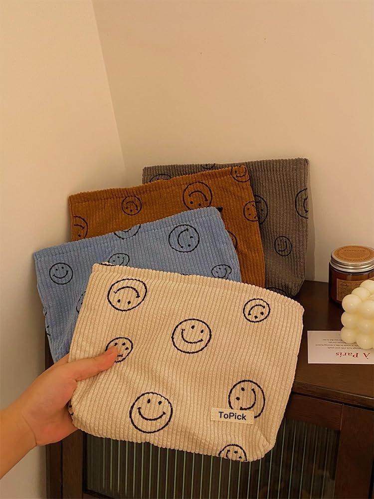 Corduroy Makeup Bag, Cosmetic Bag with Zipper Closure, Make Up Bag Handbags Purses Pouch Travel for Women, Smile Dots Organizer Storage Bag Girls Pencil Case, Clean Girl Aesthetic Must Haves