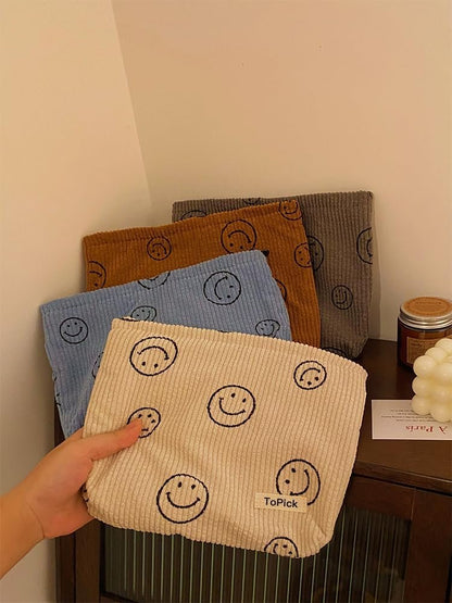 Corduroy Makeup Bag, Cosmetic Bag with Zipper Closure, Make Up Bag Handbags Purses Pouch Travel for Women, Smile Dots Organizer Storage Bag Girls Pencil Case, Clean Girl Aesthetic Must Haves