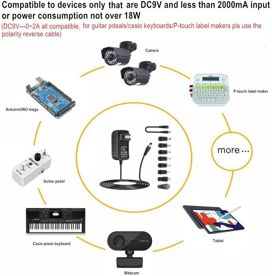 [Polarity Changeable] Universal 9V AC Adapter DC9V 2A Power Supply with 8 DC Plug Tips AC110V to DC9V 2A 1.5A 1A 500mA 400mA 200mA 100mA Power Adapter 9volt Converter Transformer Charger dc9v
