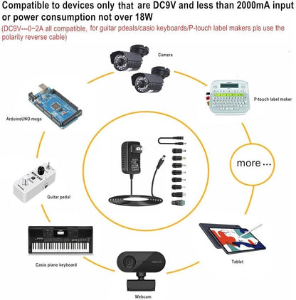 [Polarity Changeable] Universal 9V AC Adapter DC9V 2A Power Supply with 8 DC Plug Tips AC110V to DC9V 2A 1.5A 1A 500mA 400mA 200mA 100mA Power Adapter 9volt Converter Transformer Charger dc9v