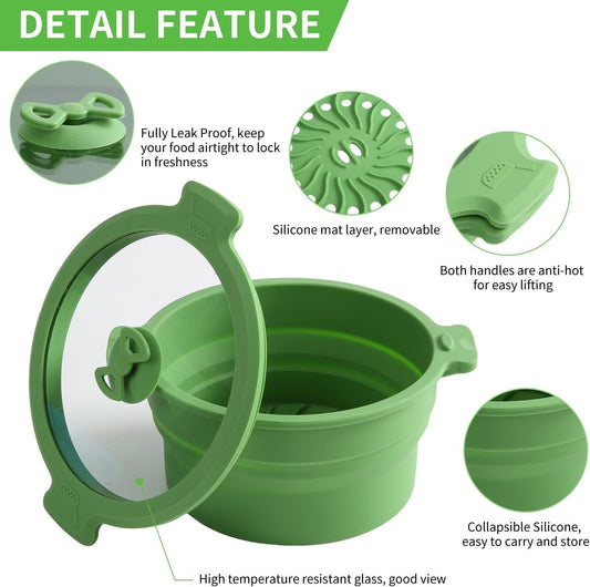 Collapsible Silicone Microwave Cookware Cooker Steamer for Cooking with Lids, 0.8L Glass Food Storage Container Sealed Bowl Mixing Bowls 2pc Set BPA Free