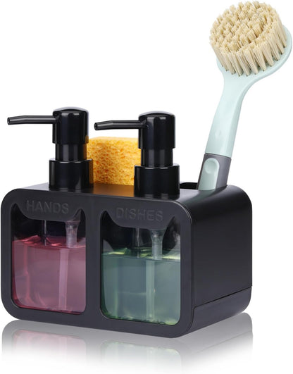GINZER Dish Soap Dispenser for Kitchen Countertop with Sponge Caddy and Brush Holder - Refillable Non-Slip Dual Pump 4-in-1 Dispenser Soap Dispenser for Kitchen Sink, Essential Kitchen Gadgets – Black