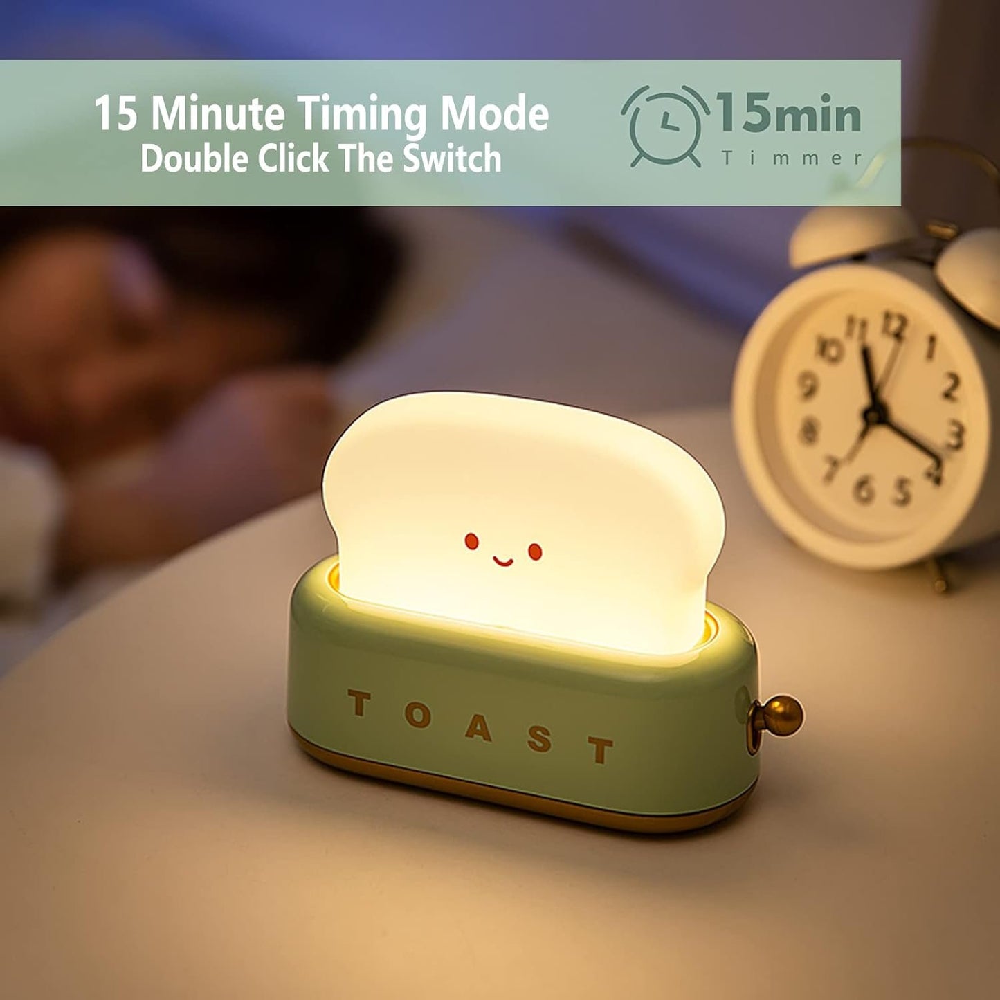 DEALFUN Smiling Toast Bread Toaster Night Light Lamp,Rechargeable Small Beside Lamp in Cute Shape for Room Decor,Bedroom,Bedside,Living Room,Dining,Desk Decoration Men,Women,Kids,Boys,Girls,(Green)